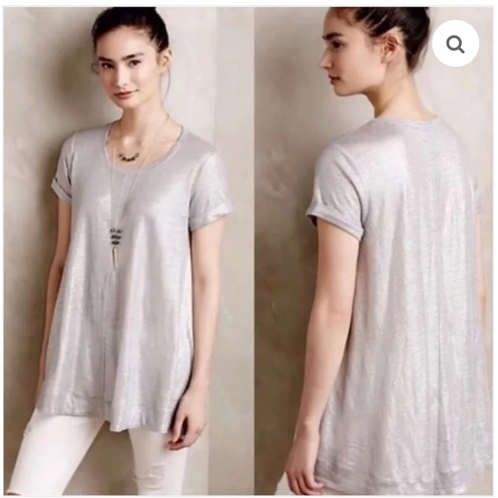 Bordeaux, Anthropologie, Shimmering Silver Short Sleeve Top, EUC, Like New